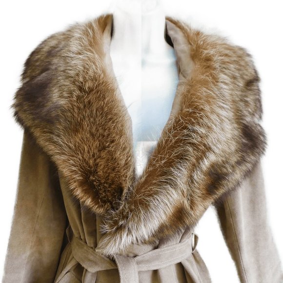 Vintage 70s Leather Hippie Coat Wide Fur Notched Collar Quilted Lining Belt M - Picture 3 of 9